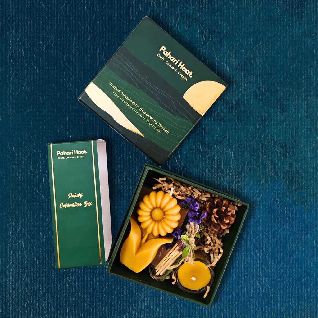 Sustainable corporate gift hampers India — Himalayan herbal teas, raw honey, beeswax candles and herbal incense by Pahari Haat women artisans