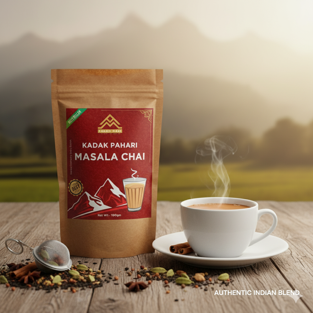 “Pahadi Masala Chai Pahari Haat Uttarakhand”, “Women artisan blending Masala Chai in Uttarakhand”, “Hand-blended 20 herb Himalayan masala chai close-up”.