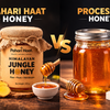 Raw honey vs processed honey India — cloudy natural crystallised raw Himalayan jungle honey by Pahari Haat vs clear processed commercial honey comparison