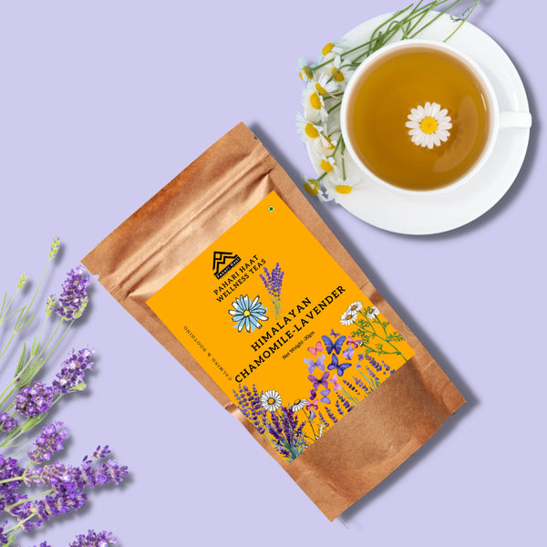 Himalayan Chamomile–Lavender Tea by Pahari Haat — caffeine-free calming herbal blend for sleep.