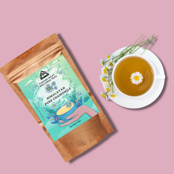Pure Himalayan Chamomile Tea by Pahari Haat — herbal tea for relaxation, immunity, and sleep.