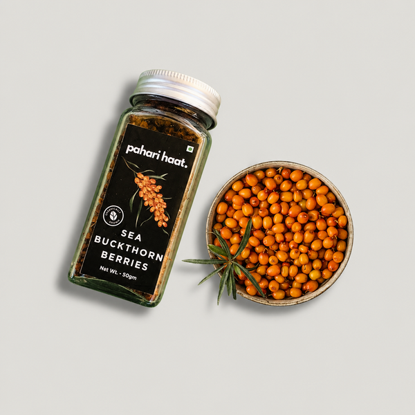 Himalayan sea buckthorn dried berries in glass bowl Ladakh origin