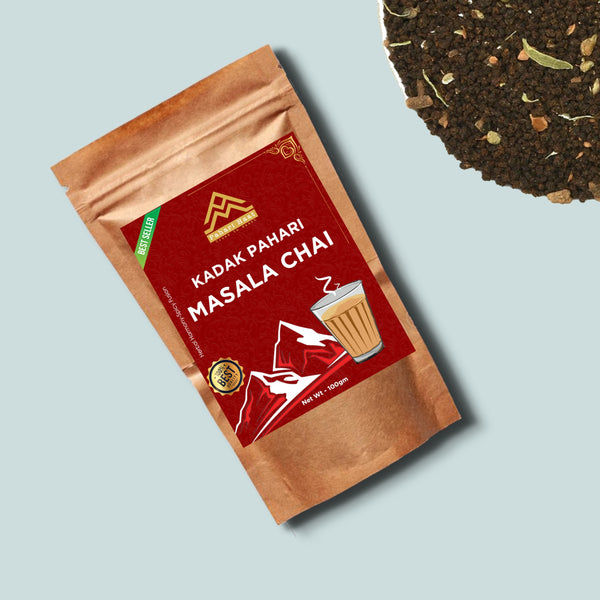 Eco-friendly pack of Pahari Masala Chai — premium Himalayan spiced tea from India.
