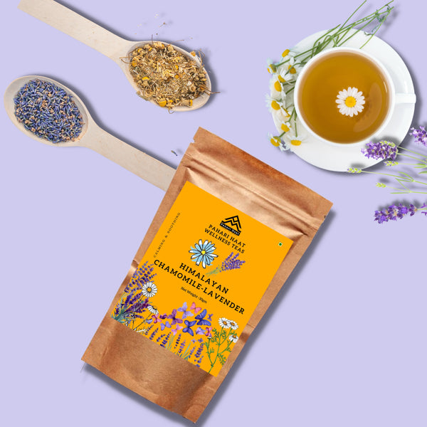 Chamomile and lavender flowers — natural calming ingredients in Pahari Haat herbal tea.