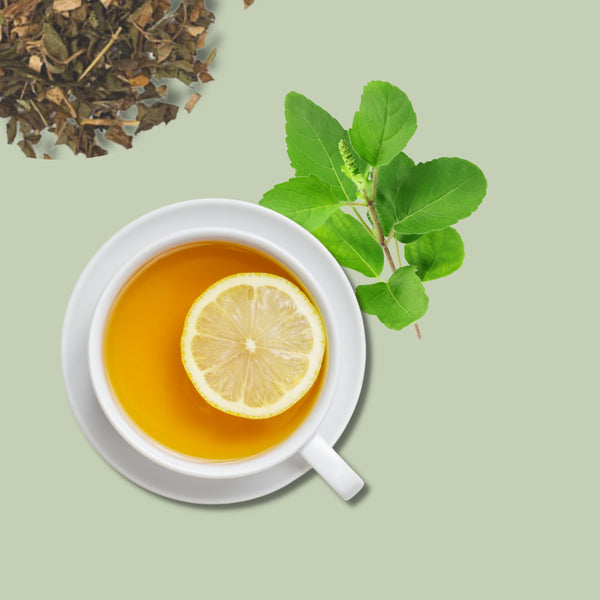 Eco-friendly pack of Pahari Haat Tulsi Bliss Tea — caffeine-free herbal blend for wellness.