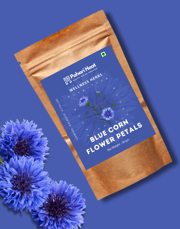 Pahari Haat blue corn flower petals package with flowers on a blue background