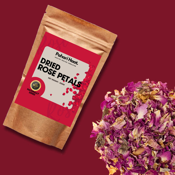 Dried rose petals by Pahari Haat in DIY skincare and bath soak — soothing Himalayan self-care ritual.