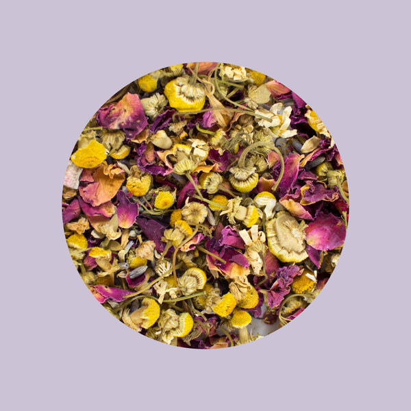 Dried chamomile buds, rose petals, and lavender — floral herbal tea blend by Pahari Haat.