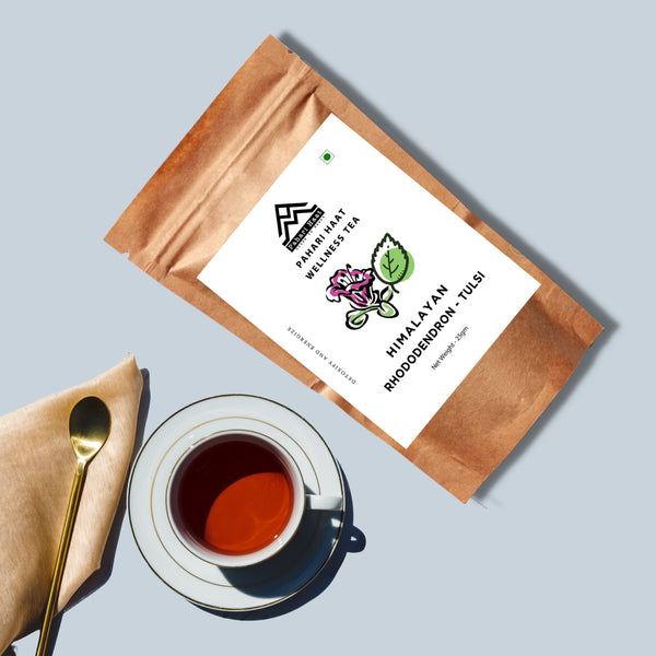 Himalayan Rhododendron Tulsi Tea by Pahari Haat — caffeine-free herbal blend for immunity and balance.