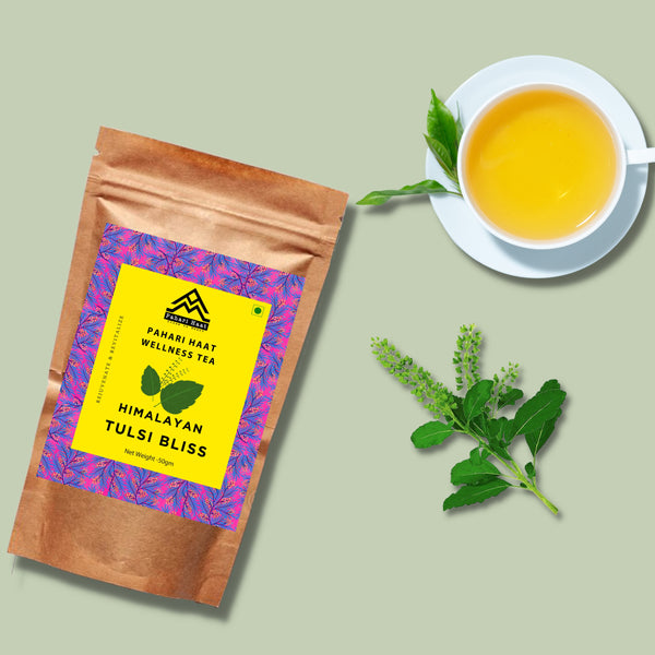 Himalayan Tulsi Bliss Tea by Pahari Haat — Holy Basil herbal tea for calm, detox, and immunity.