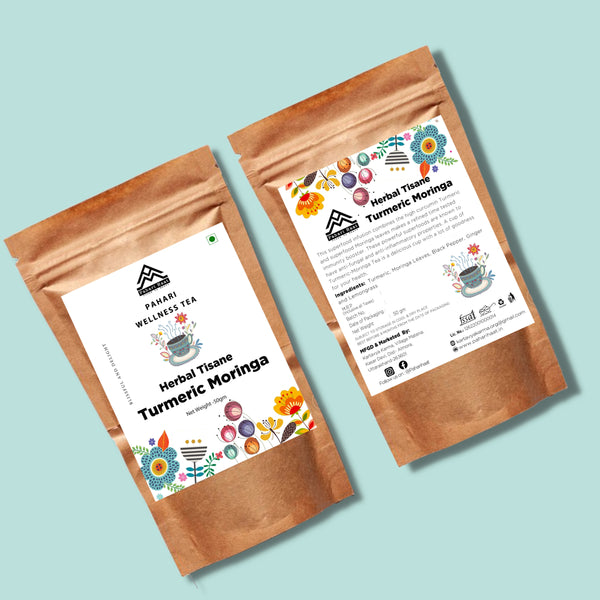 Cup of golden turmeric moringa tea — caffeine-free Himalayan herbal blend for wellness and vitality.