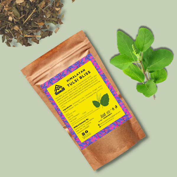 Tulsi Bliss Tea enjoyed in a calm setting — soothing adaptogenic herbal tea for body and mind.
