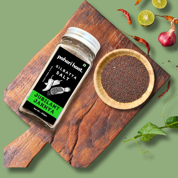Jubilant Jakhya Silbatta Salt by Pahari Haat — handcrafted Himalayan pink salt blend with Jakhya seeds.