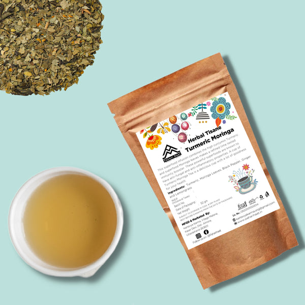 Eco-friendly pack of Pahari Haat Himalayan Turmeric & Moringa Tea — sustainable wellness drink.