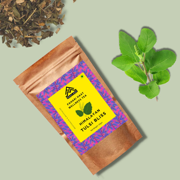 Holy Basil leaves and natural herbs — antioxidant-rich herbal tea by Pahari Haat.