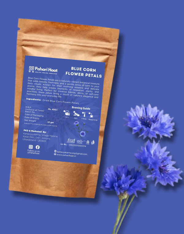 Packet of Blue Corn Flower Petals with blue flowers on a blue background