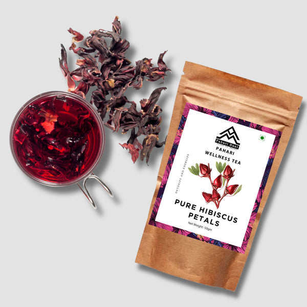 Pure Hibiscus Petals by Pahari Haat — naturally dried Himalayan petals with vibrant red color and floral aroma.