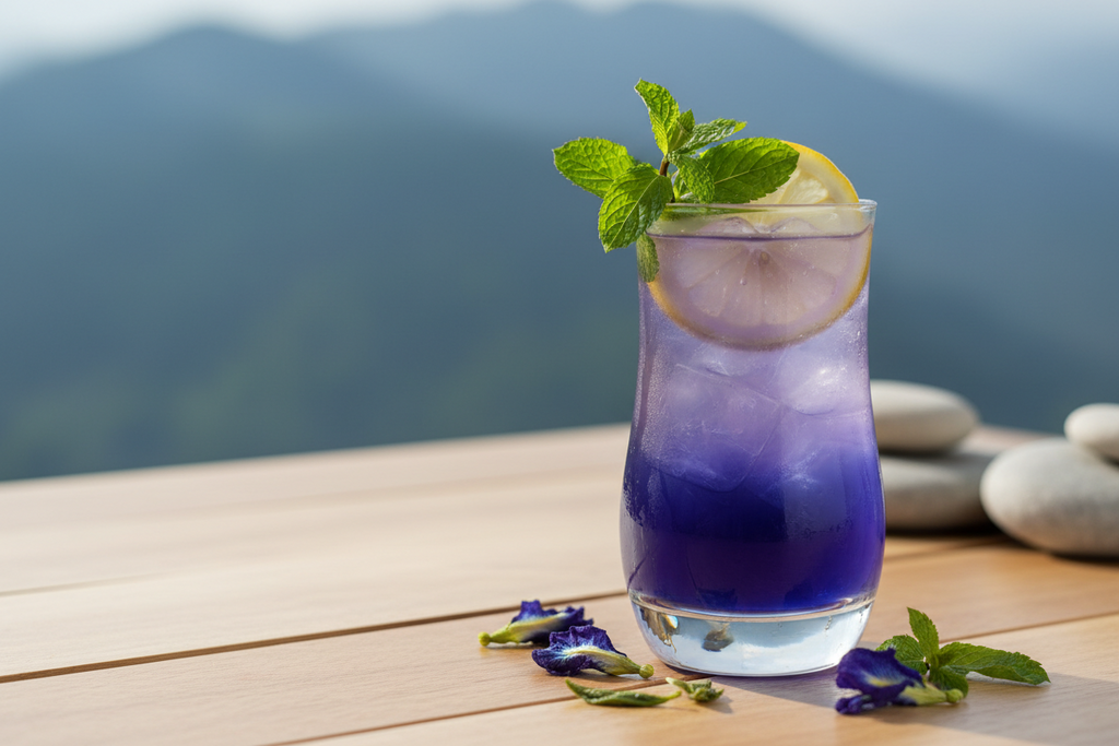 Blue Pea Flower Tea colour changing from blue to purple with lemon — natural cocktail and mocktail recipes by Pahari Haat