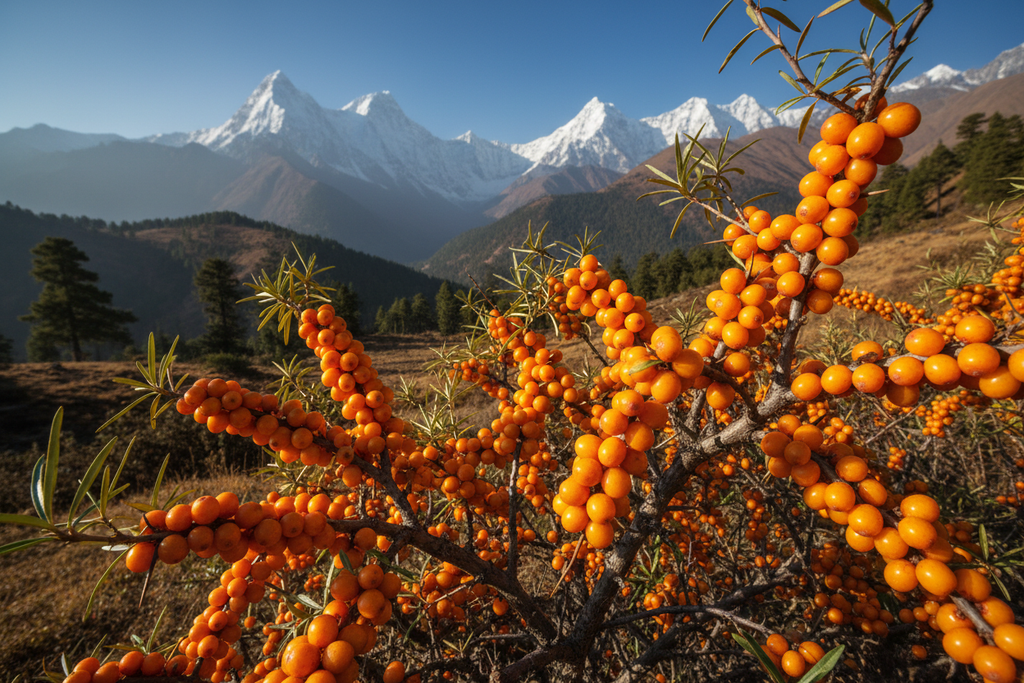 Sea buckthorn plant growing naturally in Himalayan high-altitude regions