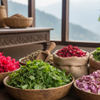 Medicinal herbs from Uttarakhand including nettle, chamomile, rhododendron, mullein, raspberry leaves and dandelion roots supplied by Pahari Haat