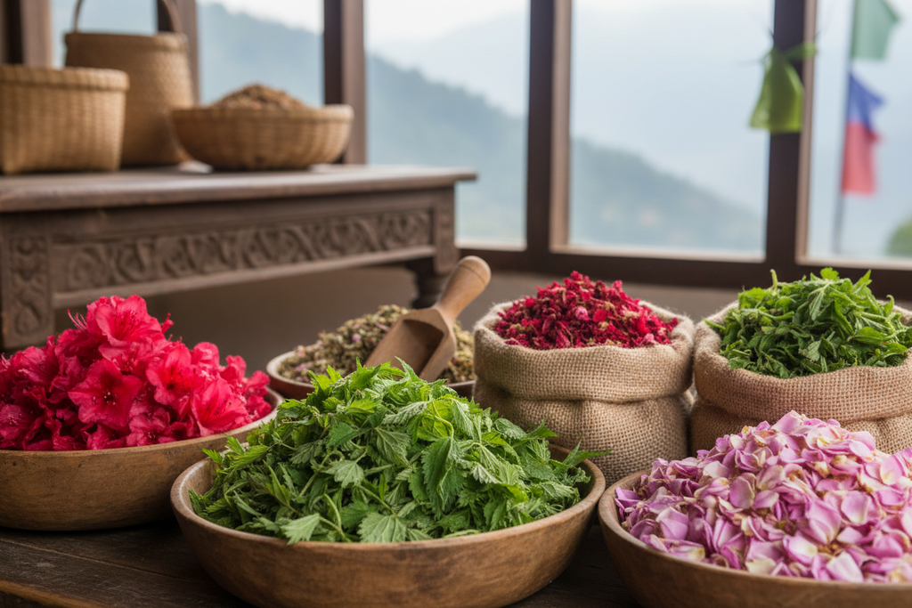 Bulk Himalayan herbs including nettle leaves, rhododendron flowers, mullein leaves, raspberry leaves, mugwort, and blue corn petals for B2B supply