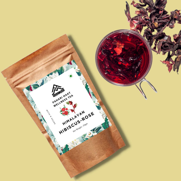 Eco-friendly pack of Pahari Haat Hibiscus–Rose Tea — antioxidant herbal blend for heart health.
