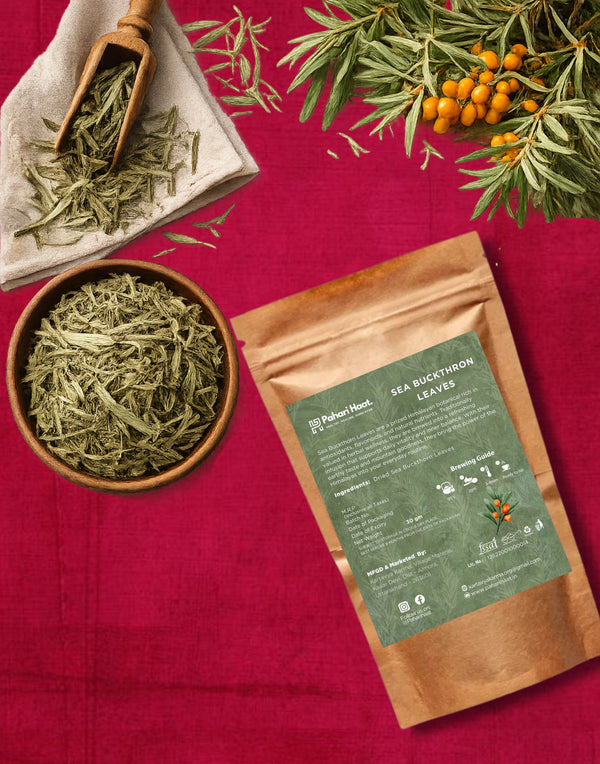 Fresh Sea Buckthorn Leaves product packaging by Pahari Haat India