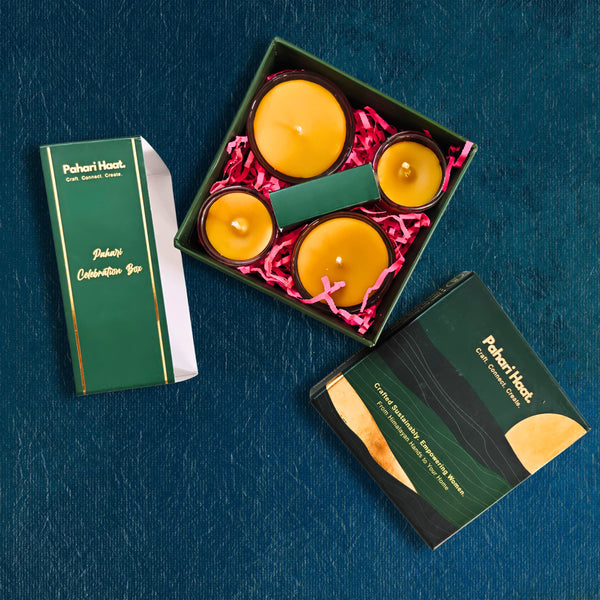 Beeswax Diya & Tealight Candle Gift Box by Pahari Haat — handcrafted Himalayan candle set.