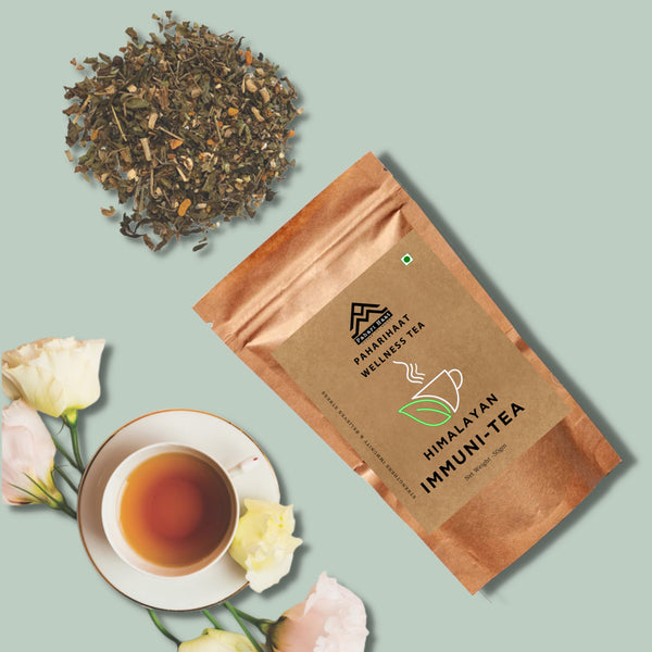 Himalayan Ayurvedic Immunity Tea by Pahari Haat — herbal blend with Amla, Ashwagandha, Tulsi, and Ginger.
