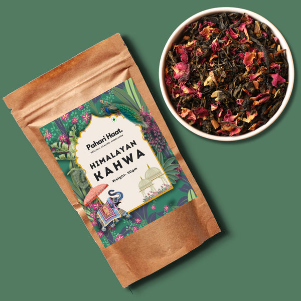 Himalayan Kahwa tea by Pahari Haat with saffron, cardamom, and cinnamon — handcrafted Himalayan wellness tea.