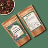 Organic Himalayan Kahwa ingredients — green tea leaves, almonds, saffron, and rose petals by Pahari Haat.